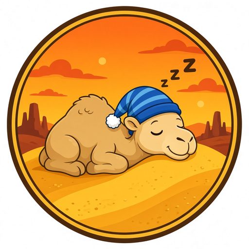 Sleepy Camel logo: a camel sleeping on a dune in a blue night cap