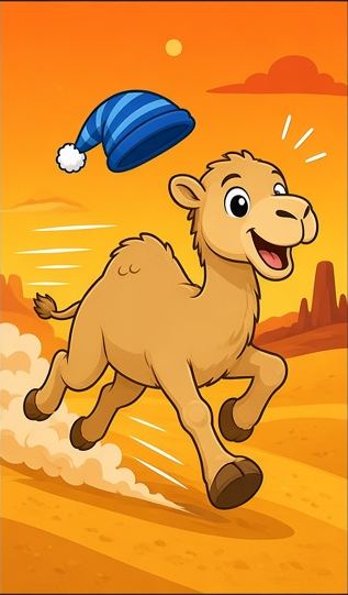 Camel running, night cap flying off